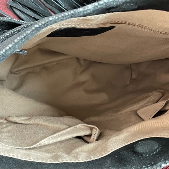 Camila Alves MUXO Black Snakeskin Print Fringe Leather Hobo Bag - Picture 4 of 16